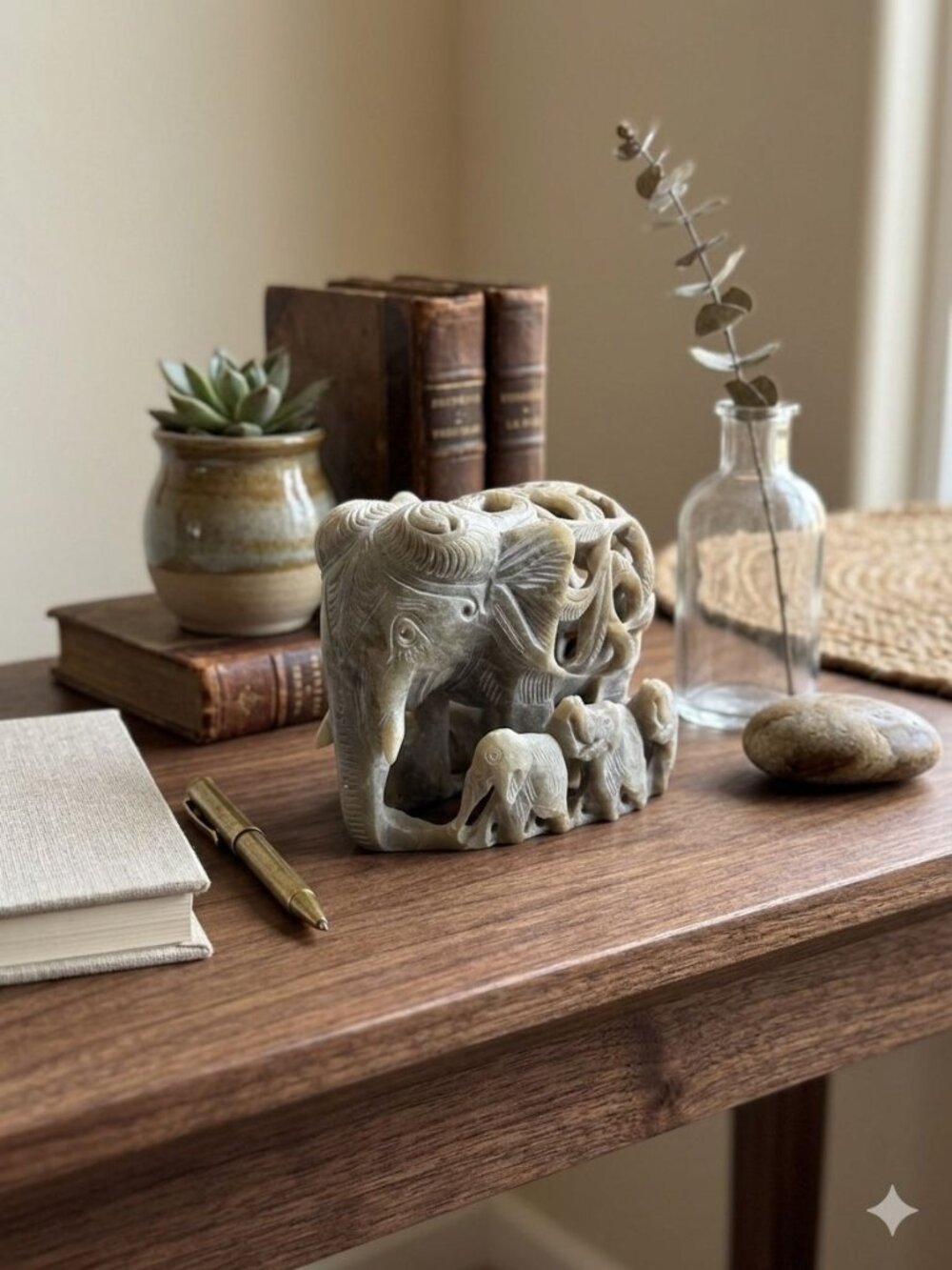 Vintage Hand Carved Soapstone Elephant Figurine Jali Openwork Baby Inside